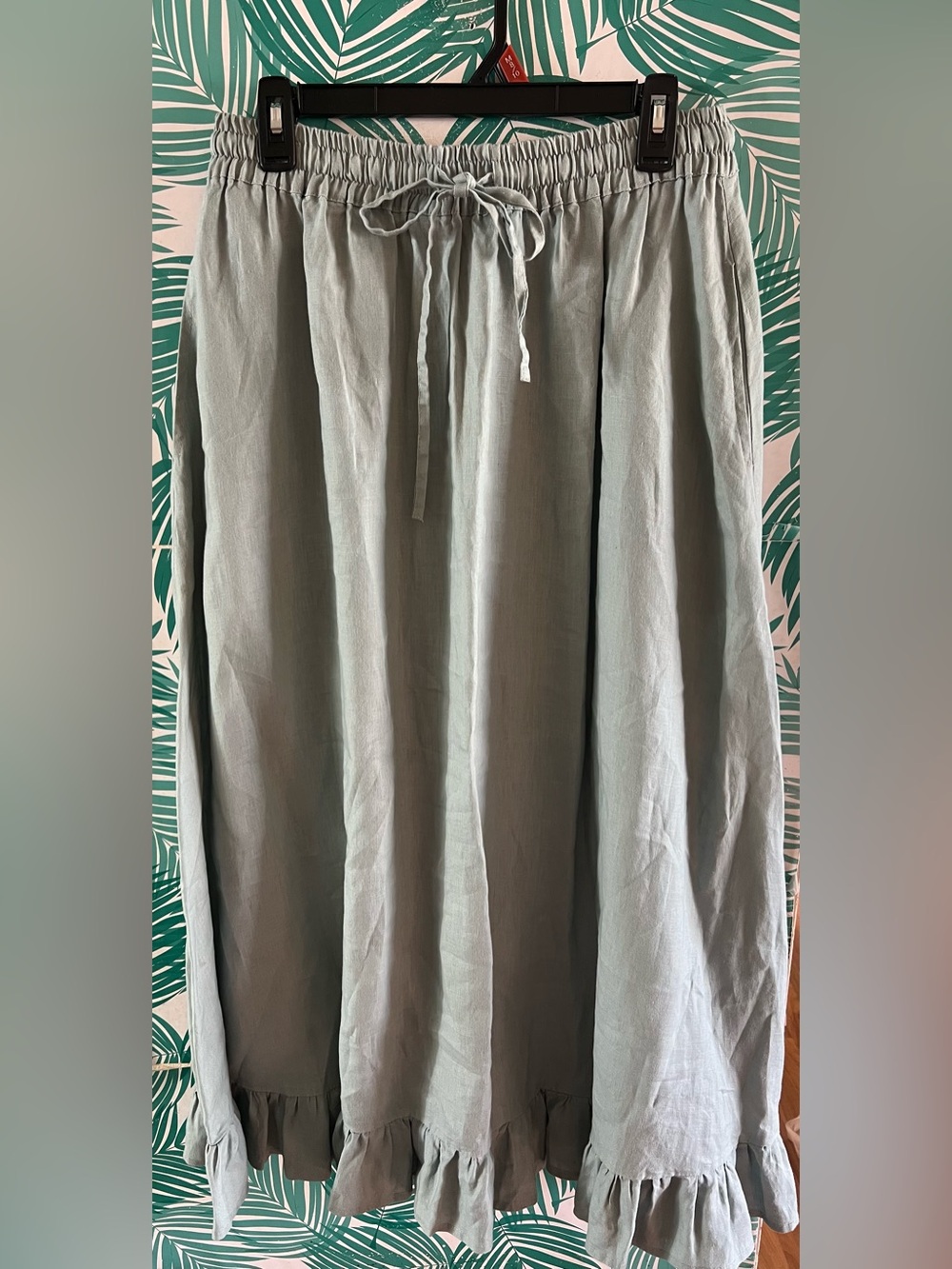 Light Sage Ruffle-Hem Maxi Skirt Linen Life sz M w/pockets